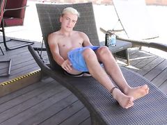 Blonde sexy twink with nice fit smooth body enjoys alone masturbation and cummy toy play in the sun
