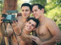 Three healthy twinks enjoy outdoor relax on the nature with some hot gay sex moments in 3some porn video