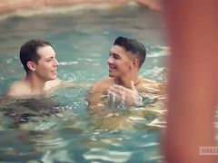 Bunch of lustful insatiable twinks have amazing relax in a pool and enjoy threesome anal fuck