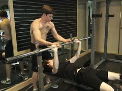 Muscular tattooed coach punished young 18 yo client for lazy gym training, spanking bubble ass with smile and flirt