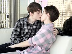 Couple of sexy teen boys kissing on the bed and then cute nasty twink riding on a big bare dick & getting fresh hot load inside